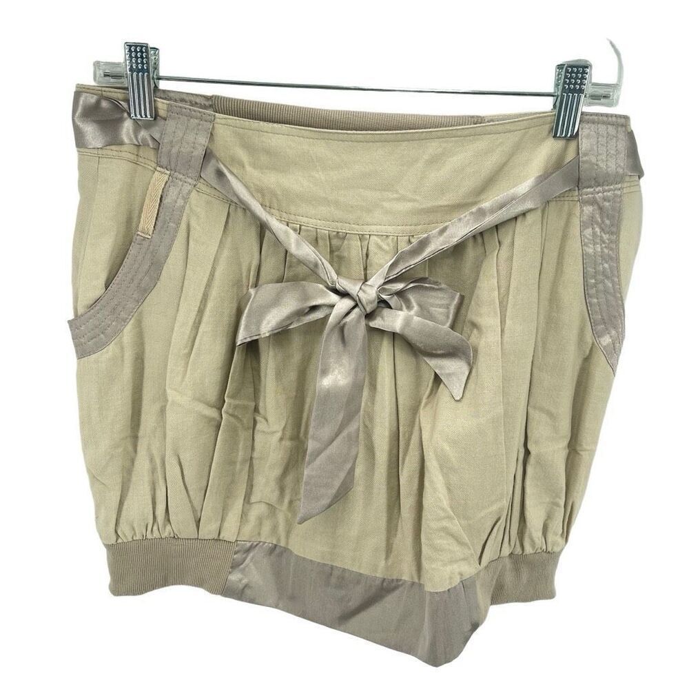 Hazel Women's Cotton Removable Satin Belt Pockets Bubble Mini Skirt Khaki medium